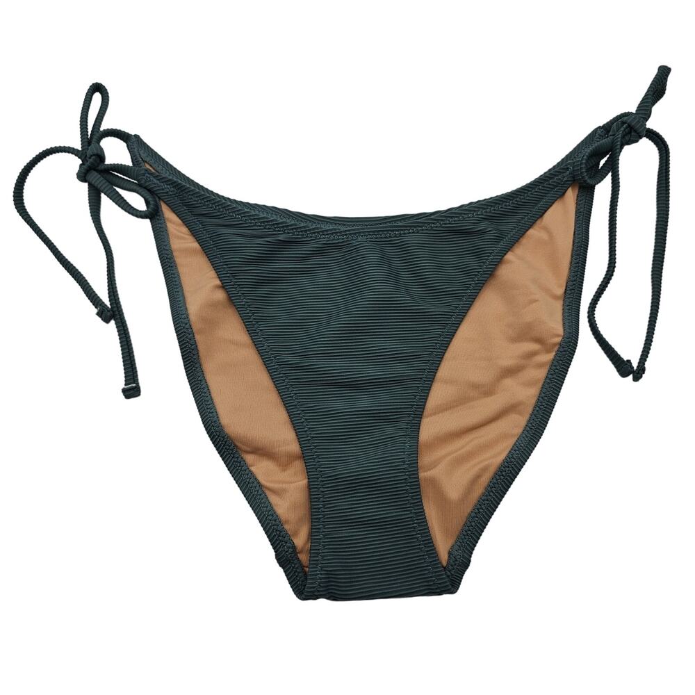 J. Crew Womans size M Ribbed Curved Waist Cheeky String Bikini Bottom Green NEW